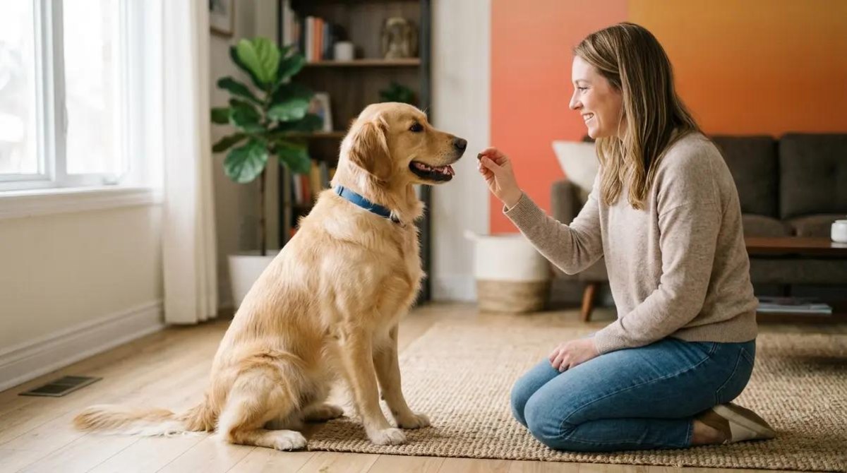 Dog learning quiet command