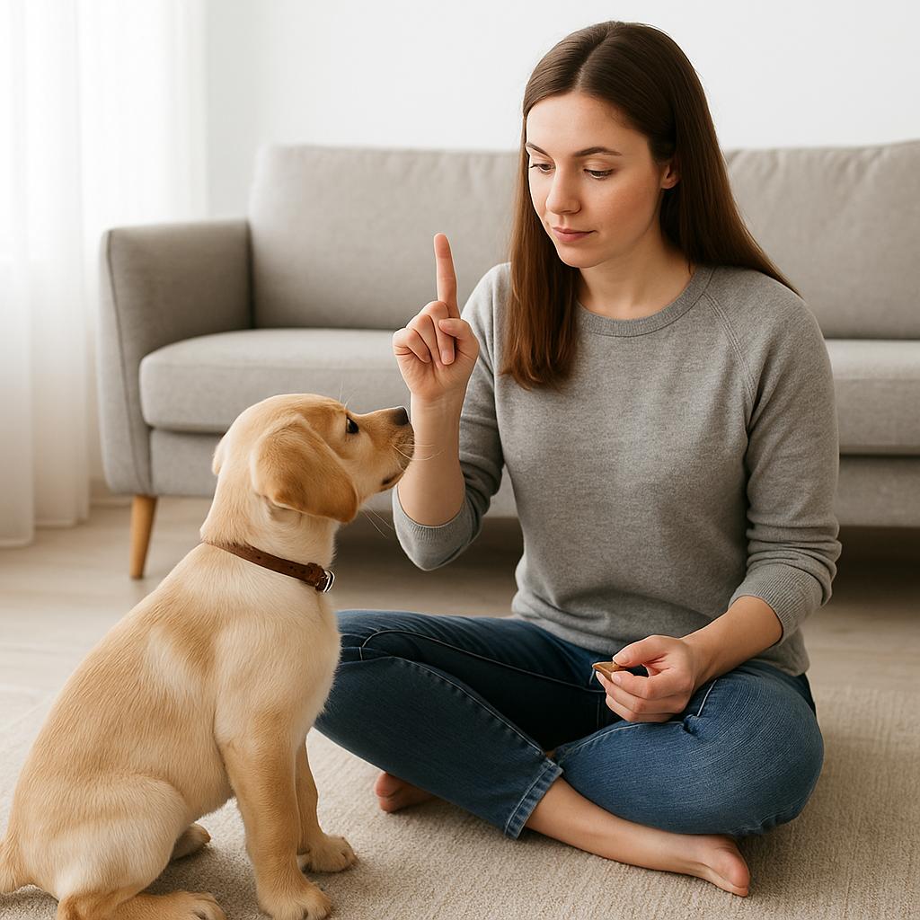 Puppy learning quiet command