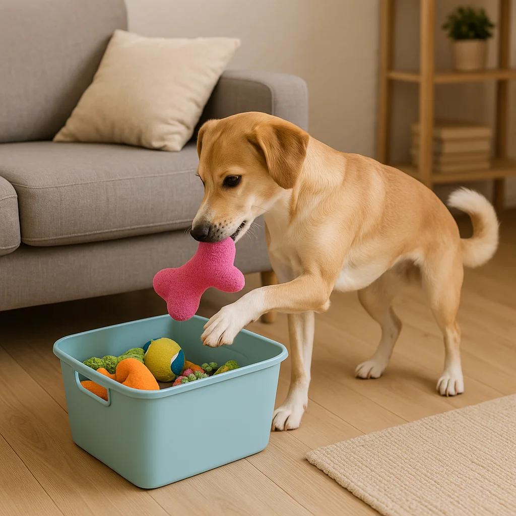Puppy cleaning up toys