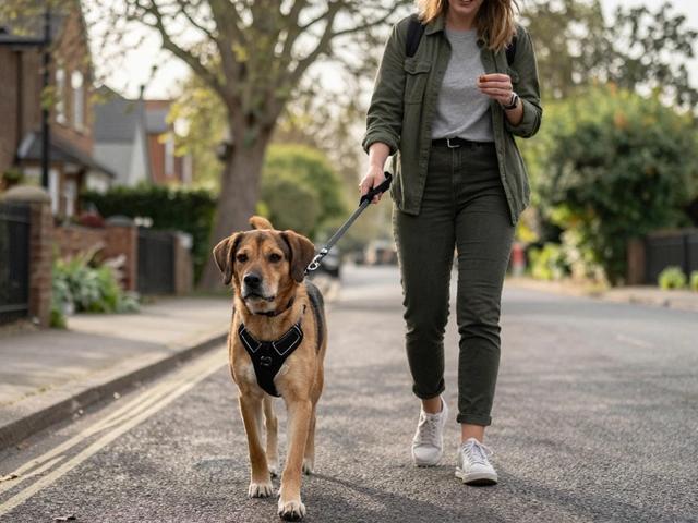 Dog walking calmly beside owner