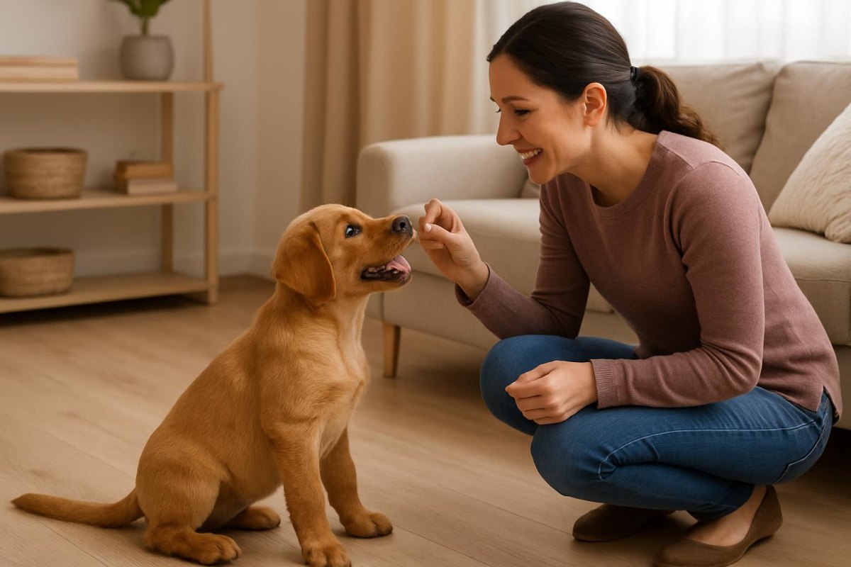 Owner rewarding puppy during calm training