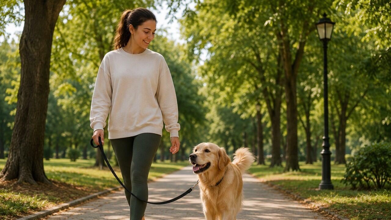 Relaxed dog walking calmly outdoors