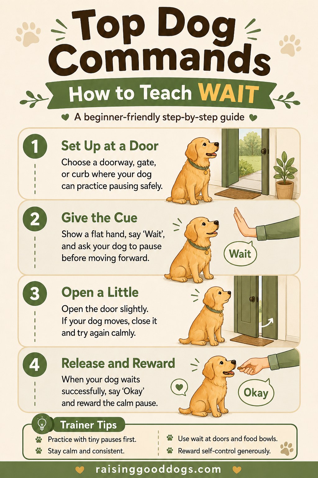 Illustrated wait command guide showing a dog pausing calmly at an open doorway before release