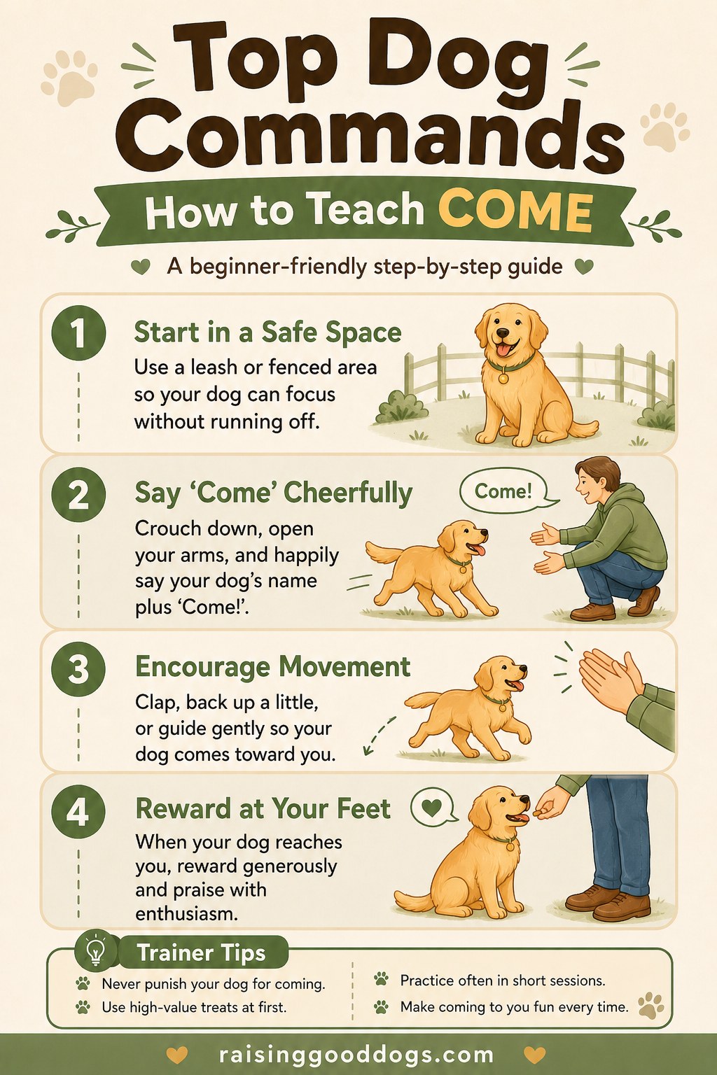 Four-step visual guide to teaching the come command safely as part of essential top dog commands