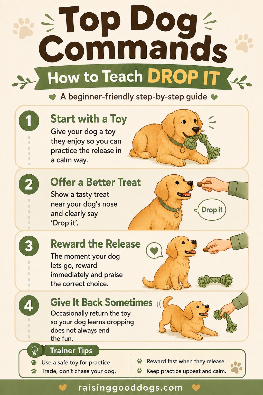 Drop it training infographic showing a treat trade to teach a dog to release a toy calmly