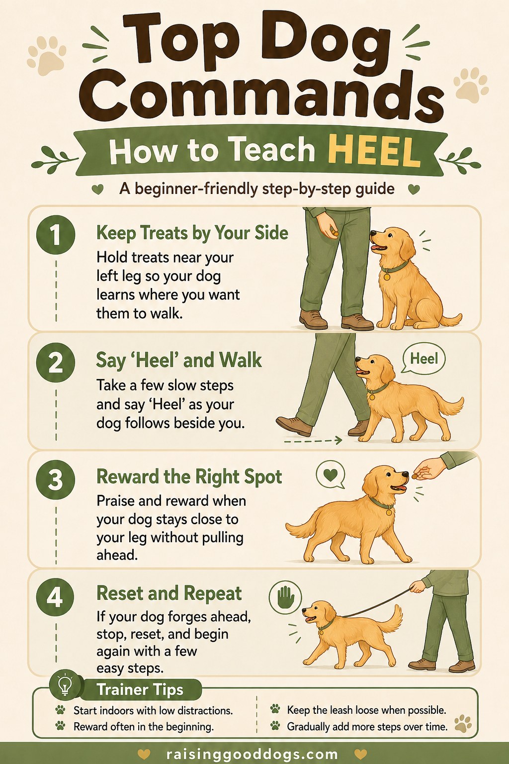 Guide showing loose-leash heel training, one of the more advanced top dog commands to teach