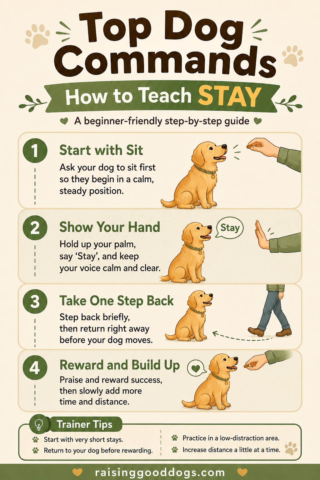 Illustrated guide to teaching stay, a key command in any list of top dog commands for new owners