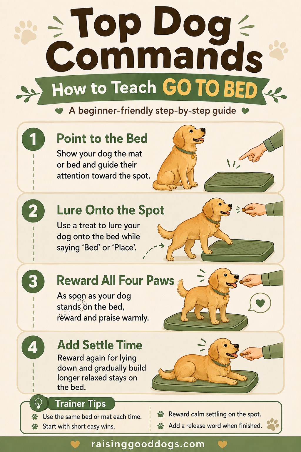 Go to bed command guide showing a dog being lured onto a mat and rewarded for settling
