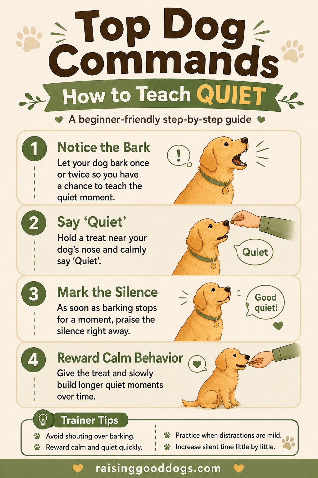 Quiet command training steps showing how to reward silence after a dog stops barking