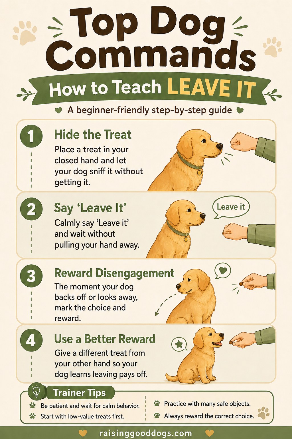 Step-by-step leave it training infographic showing hand cues for impulse control training