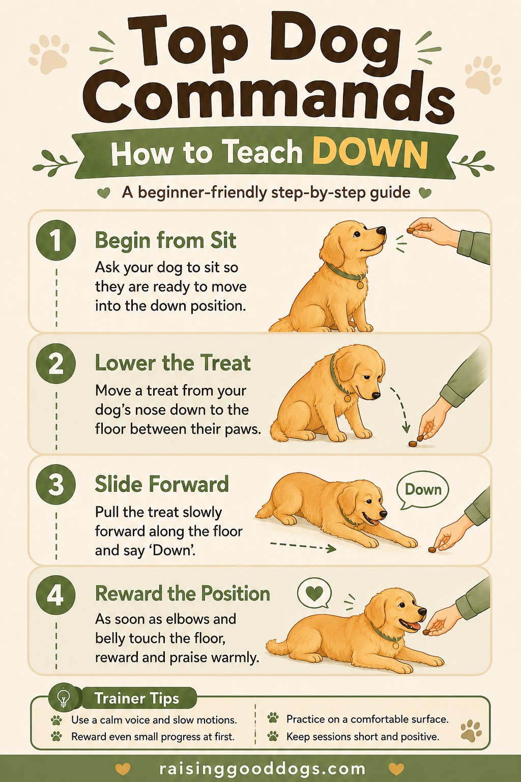 Infographic demonstrating how to lure a dog into the down position using treat-based training steps