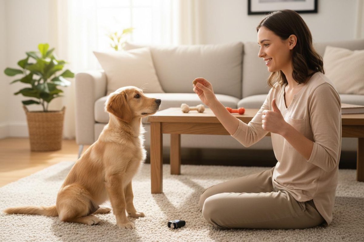 Trainer rewarding puppy during lesson