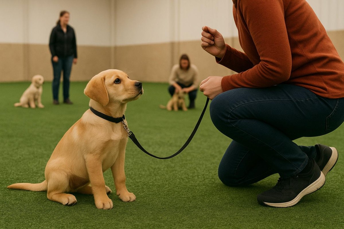 Puppy looking at trainer