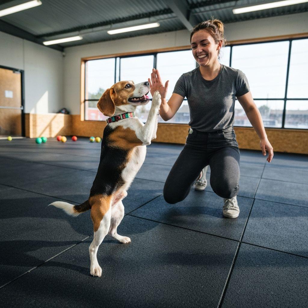 Dog learning tricks with trainer