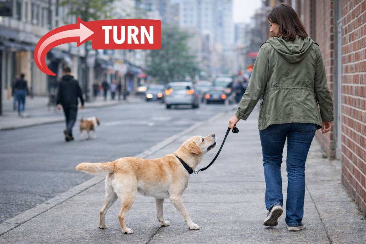 Owner turning away with dog