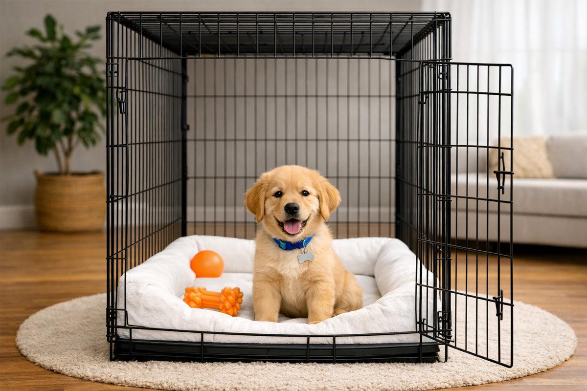 Happy puppy resting in crate