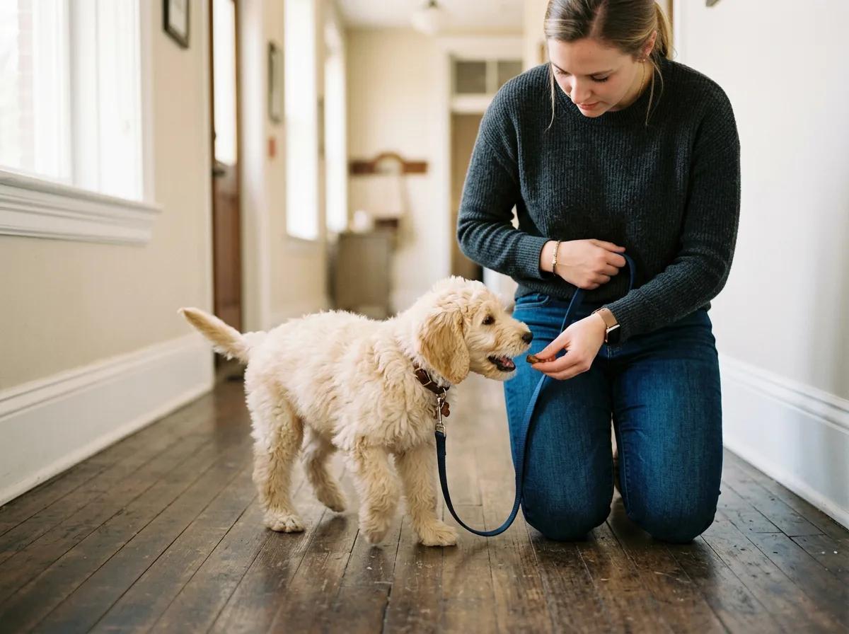 Owner rewarding puppy during leash training