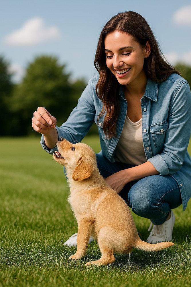 Trainer rewarding puppy