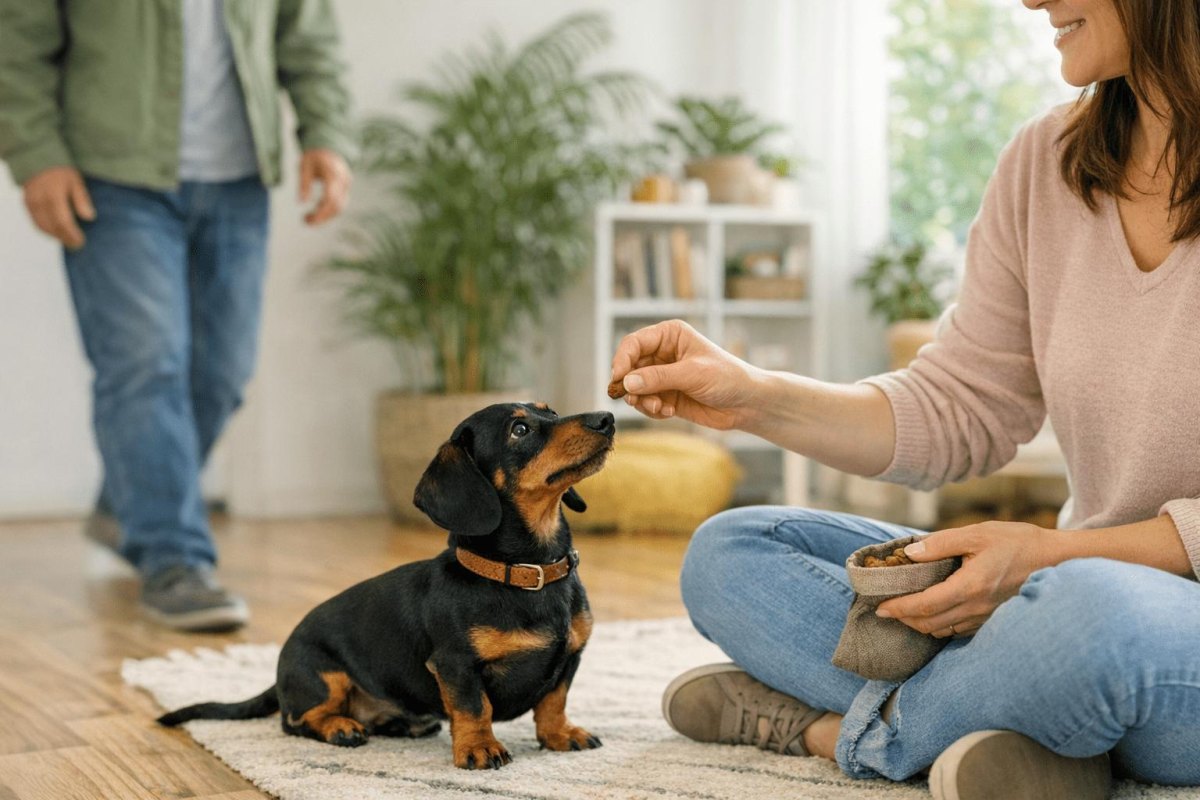 Dog owner using treats training