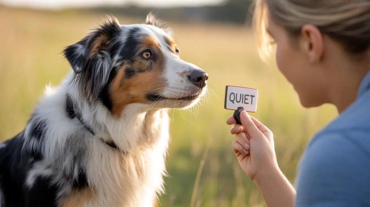 Owner teaching dog quiet command training