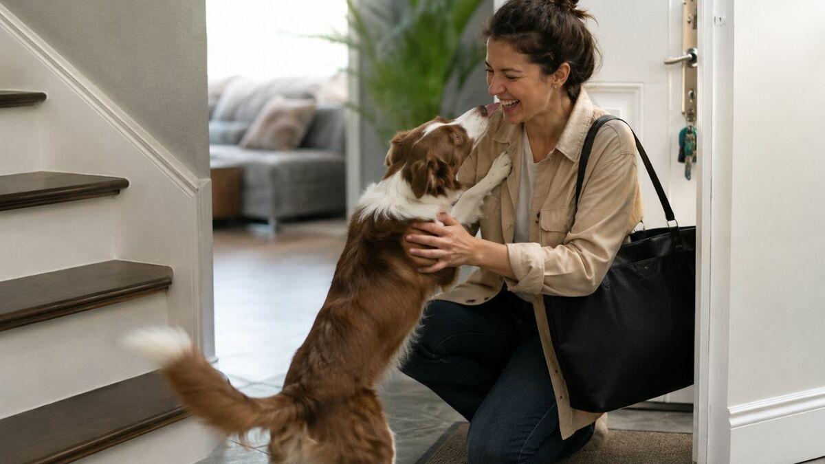 Owner calmly greeting excited dog indoors