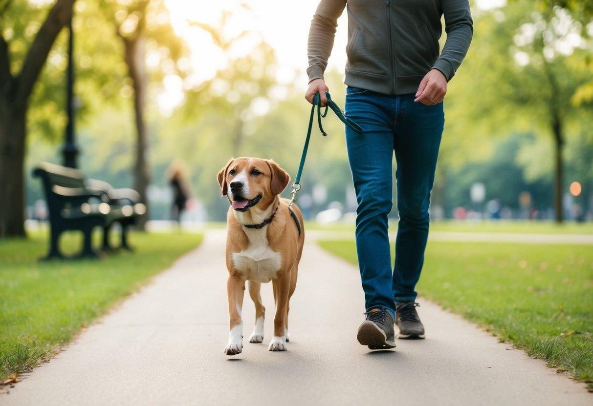 Dog walking calmly with owner outside