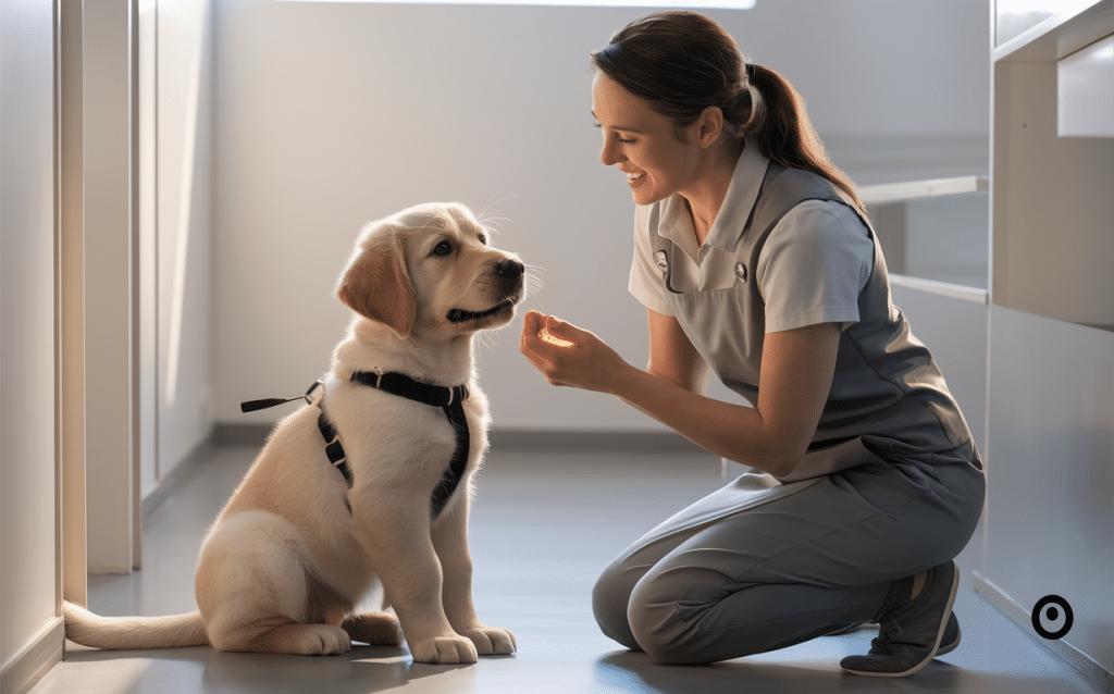 Behaviorist working with puppy safely